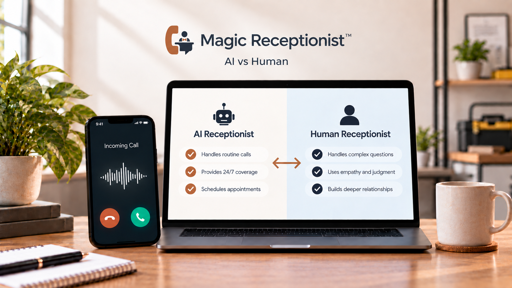 AI receptionist and human receptionist comparison shown on a laptop beside an incoming call, highlighting routine automation and human judgment.