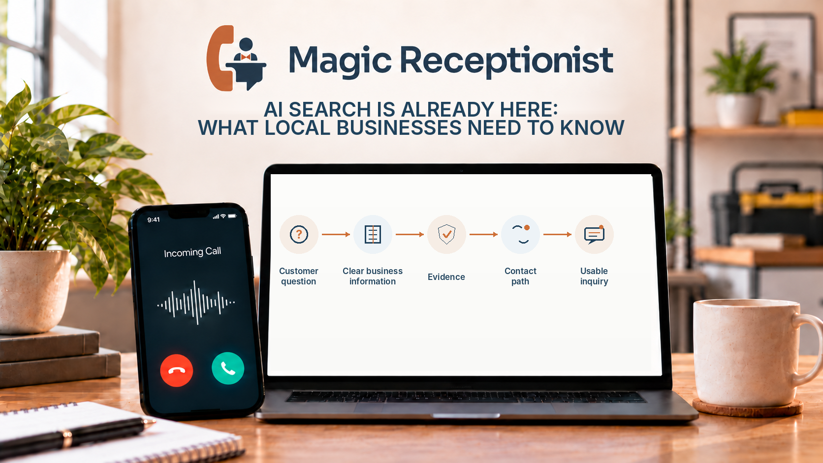 Magic Receptionist editorial illustration for local businesses showing an AI search customer question moving through clear business information, supporting evidence, a contact path, and a usable inquiry.