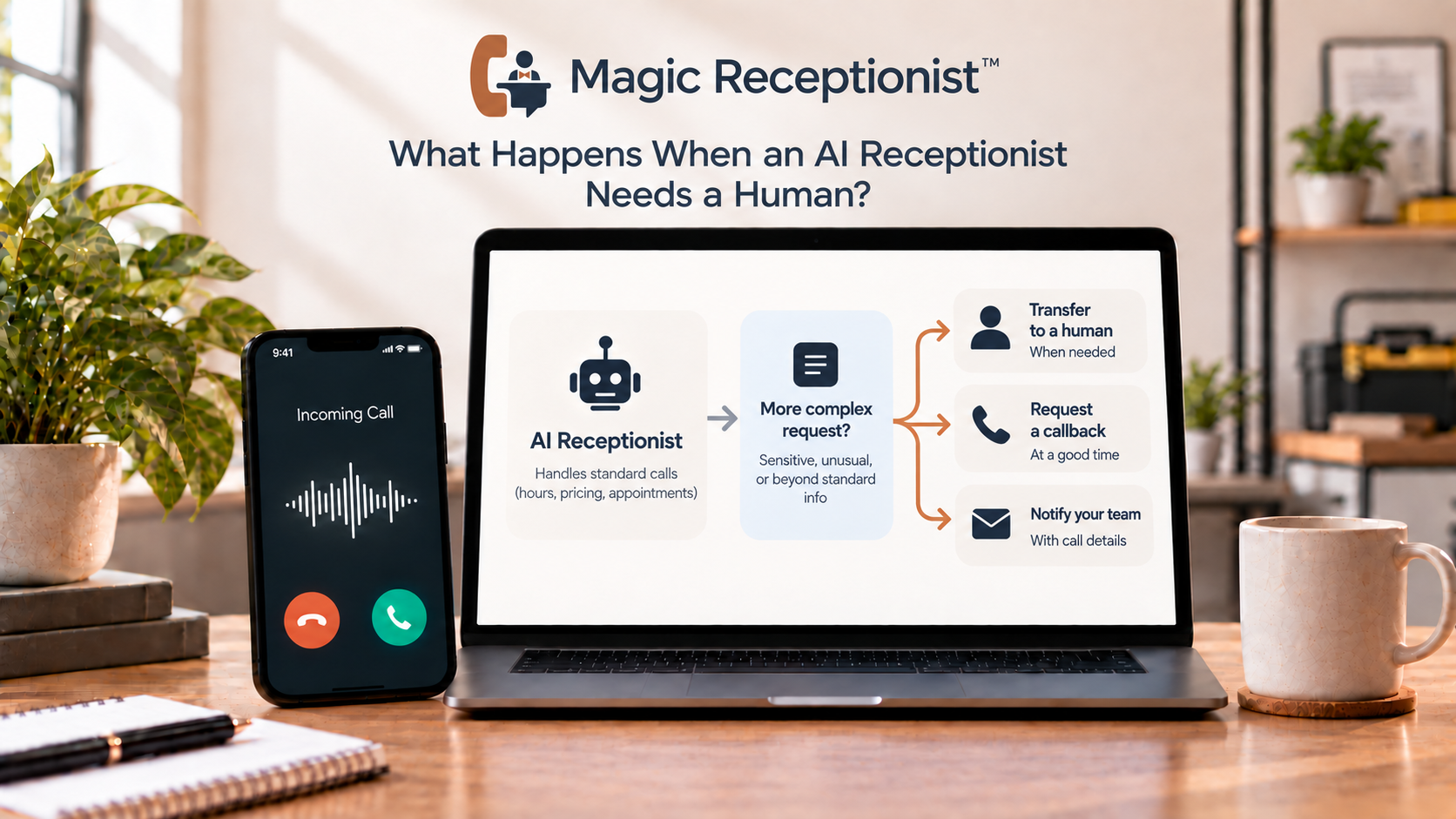 Magic Receptionist editorial cover showing an AI receptionist handing a call to a human when needed.