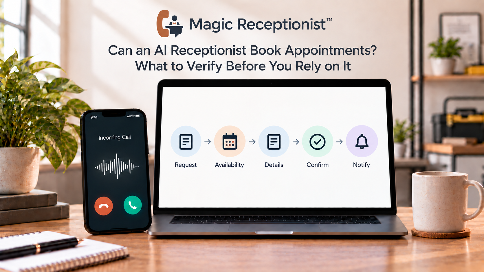 Magic Receptionist editorial cover illustrating an AI receptionist appointment workflow from request to confirmation.