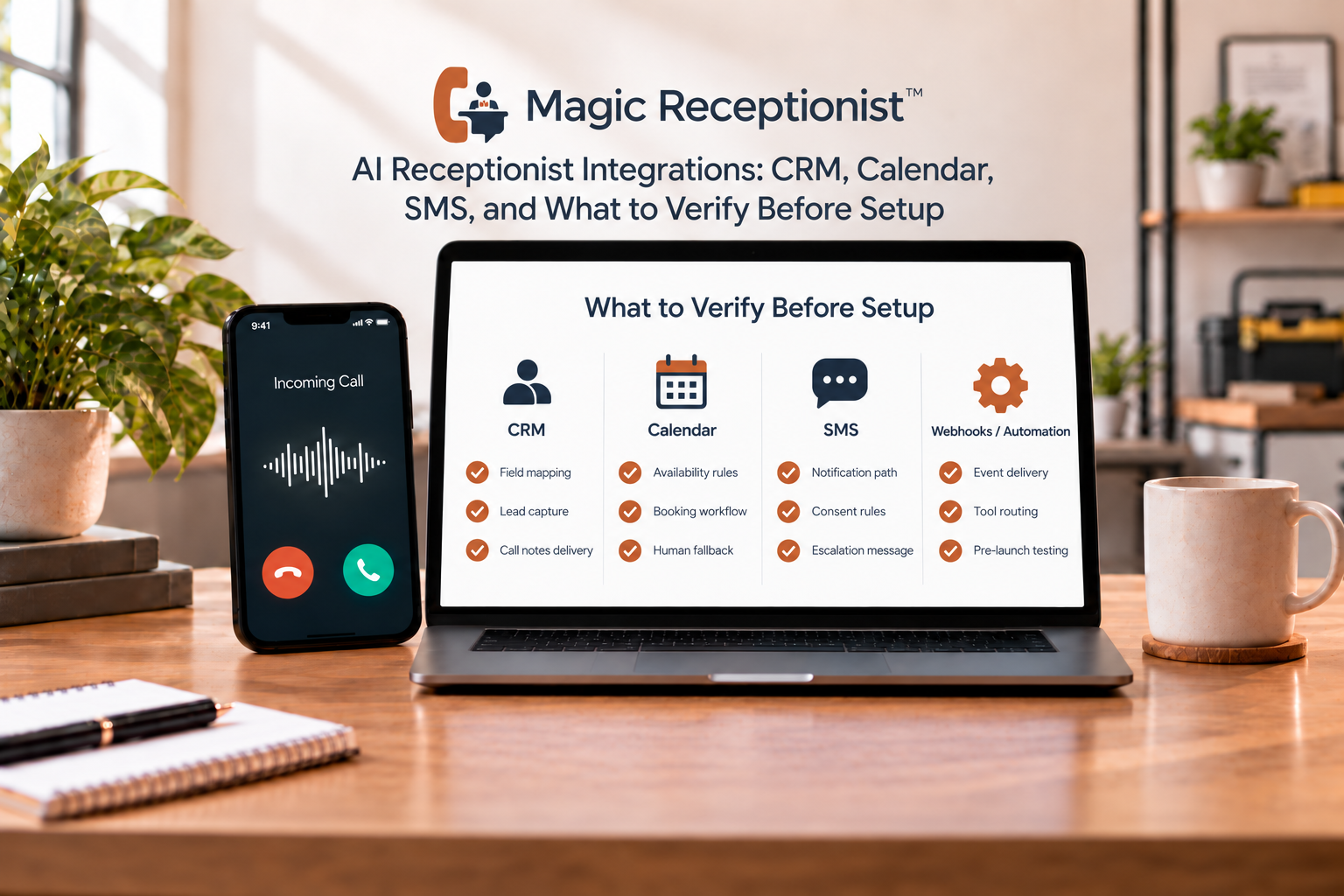 Magic Receptionist editorial cover illustrating AI receptionist integrations and setup verification.
