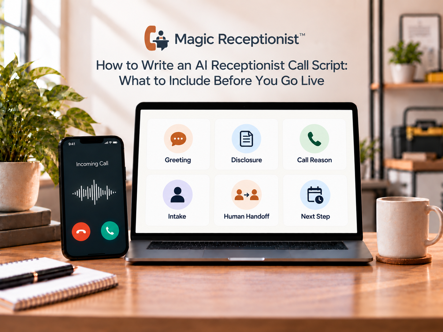 Magic Receptionist editorial cover showing an AI receptionist call script checklist before launch.
