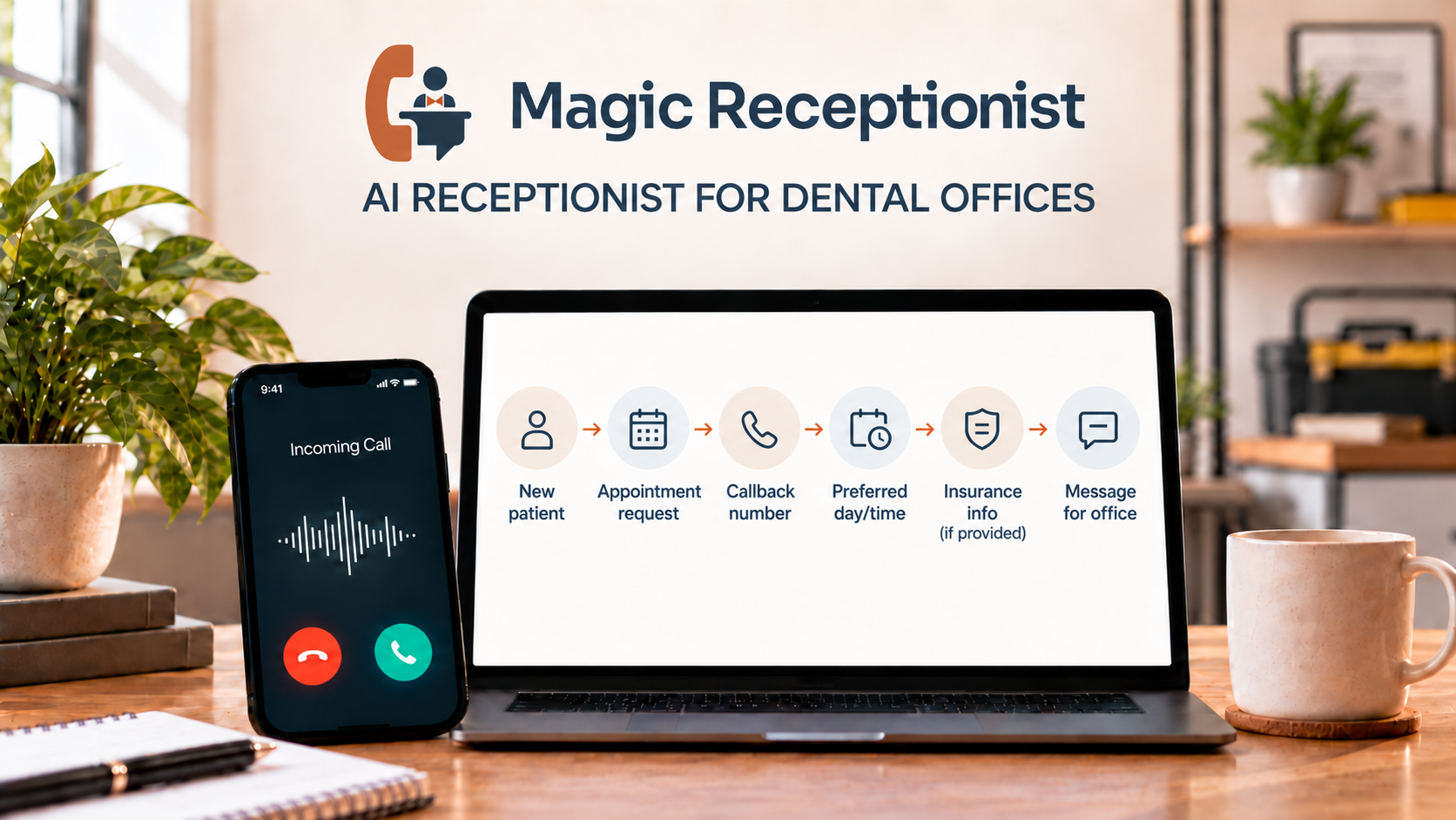 Editorial illustration for AI Receptionist for Dental Offices showing an incoming call beside a dental-office administrative intake workflow for new patients, appointment requests, callback details, scheduling preferences, insurance information if provided, and a message for the office.