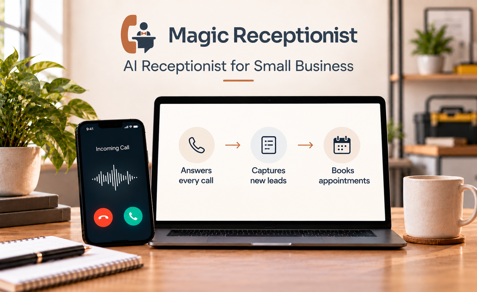 Editorial illustration for AI Receptionist for Small Business showing an incoming-call phone beside a laptop workflow for answering calls, capturing lead details, and booking appointments.
