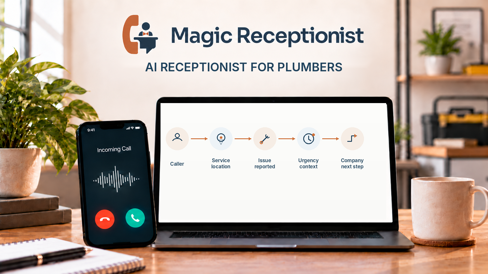 Magic Receptionist editorial illustration for plumbers showing an incoming call and a plumbing intake workflow for caller details, service location, reported issue, urgency context, and the company’s next step.