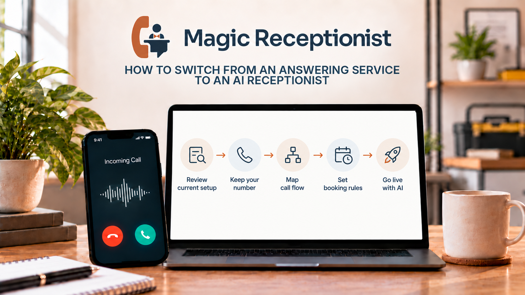 Magic Receptionist editorial illustration for switching from an answering service, showing review of the current setup, number and routing continuity, mapped call flow, booking rules, and launch with AI.
