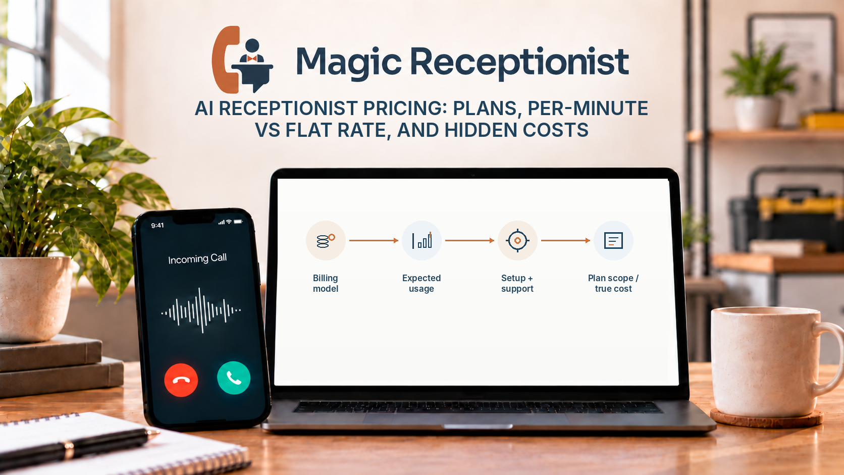 Magic Receptionist editorial illustration for AI receptionist pricing showing a comparison across billing model, expected usage, setup and support, and plan scope without displaying invented prices.
