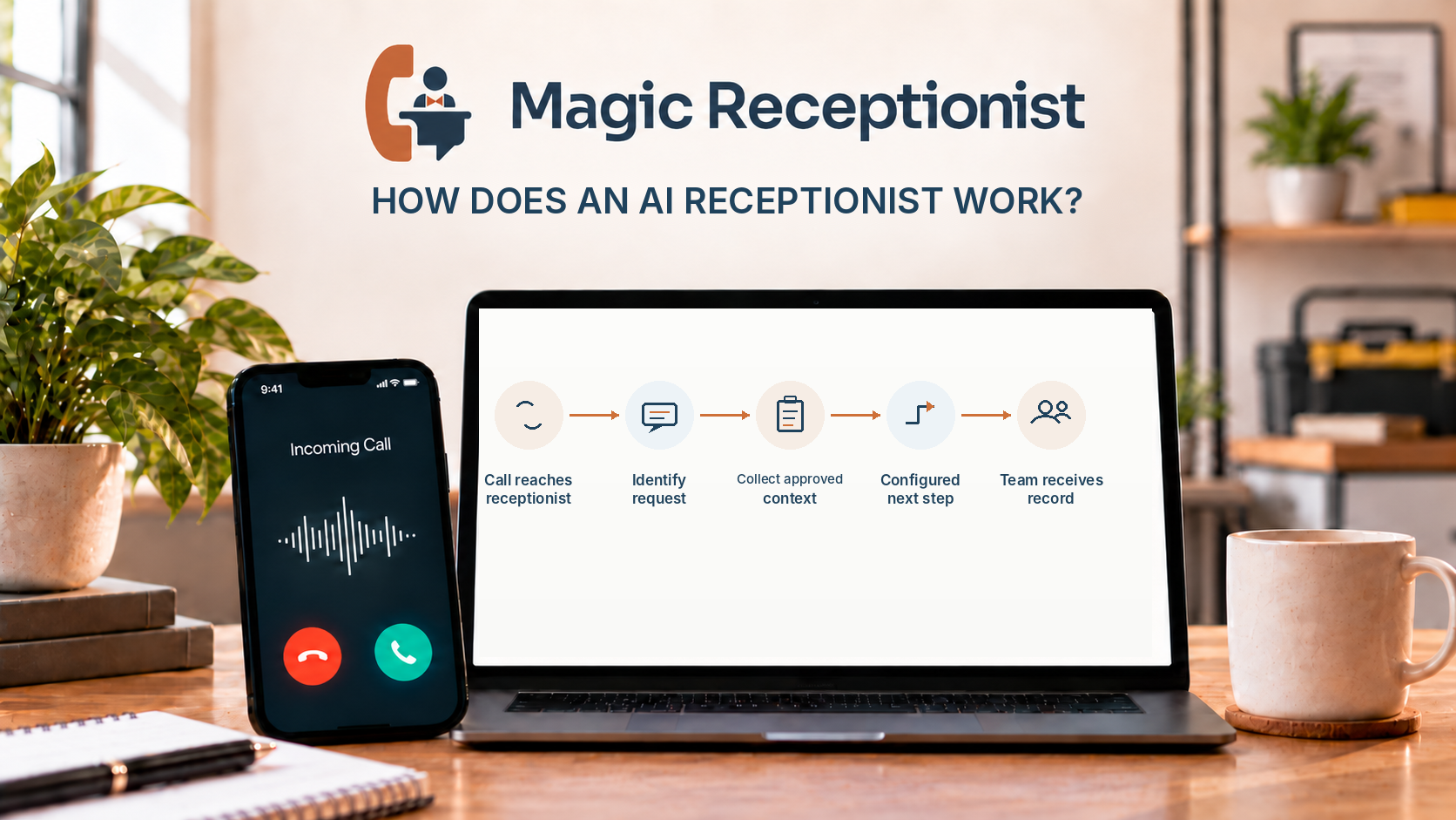 Magic Receptionist editorial illustration showing how an AI receptionist call moves from the configured phone path through request identification and approved context collection to the configured next step and team handoff.